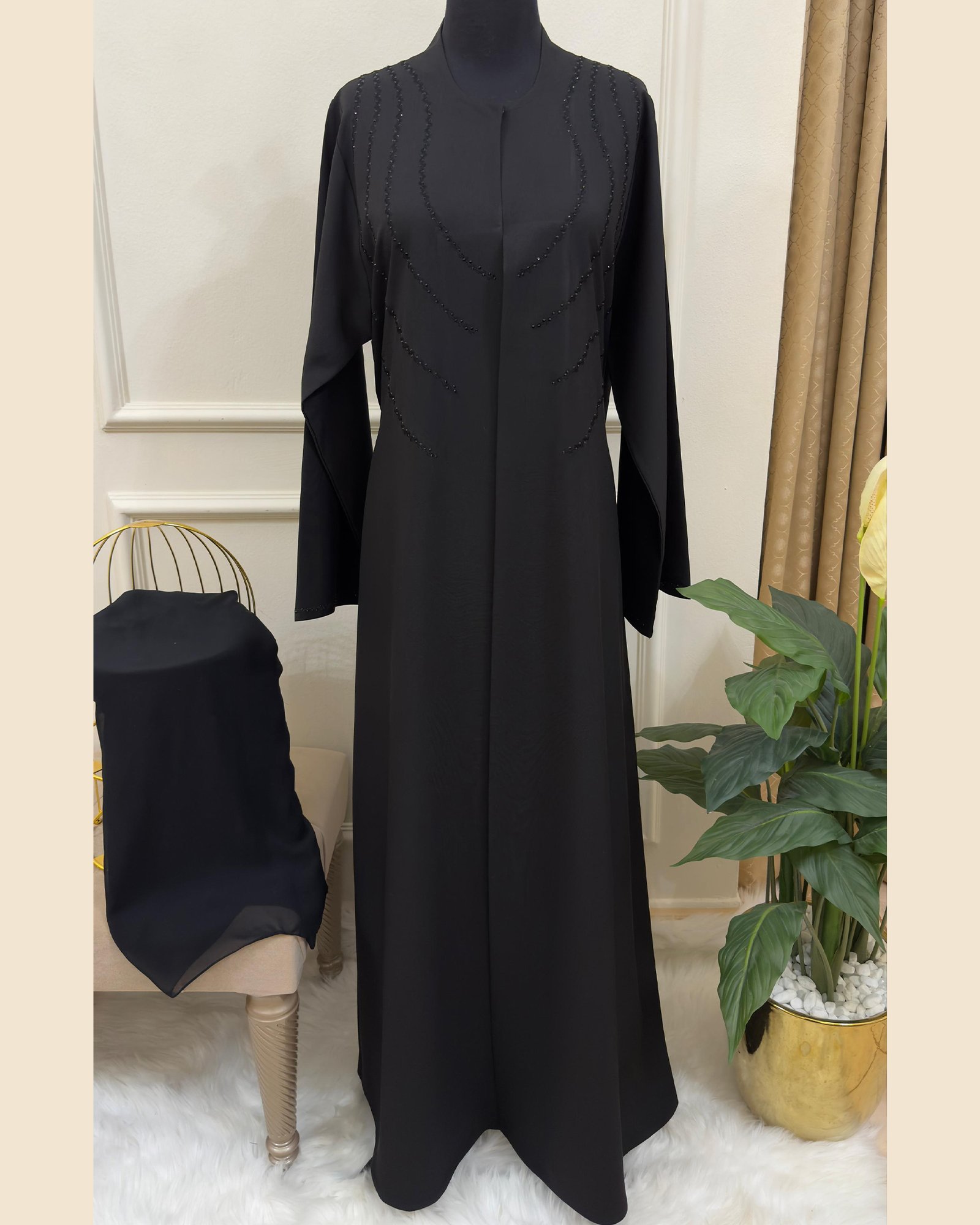 Noir Crystal Cascade Abaya - 33D030